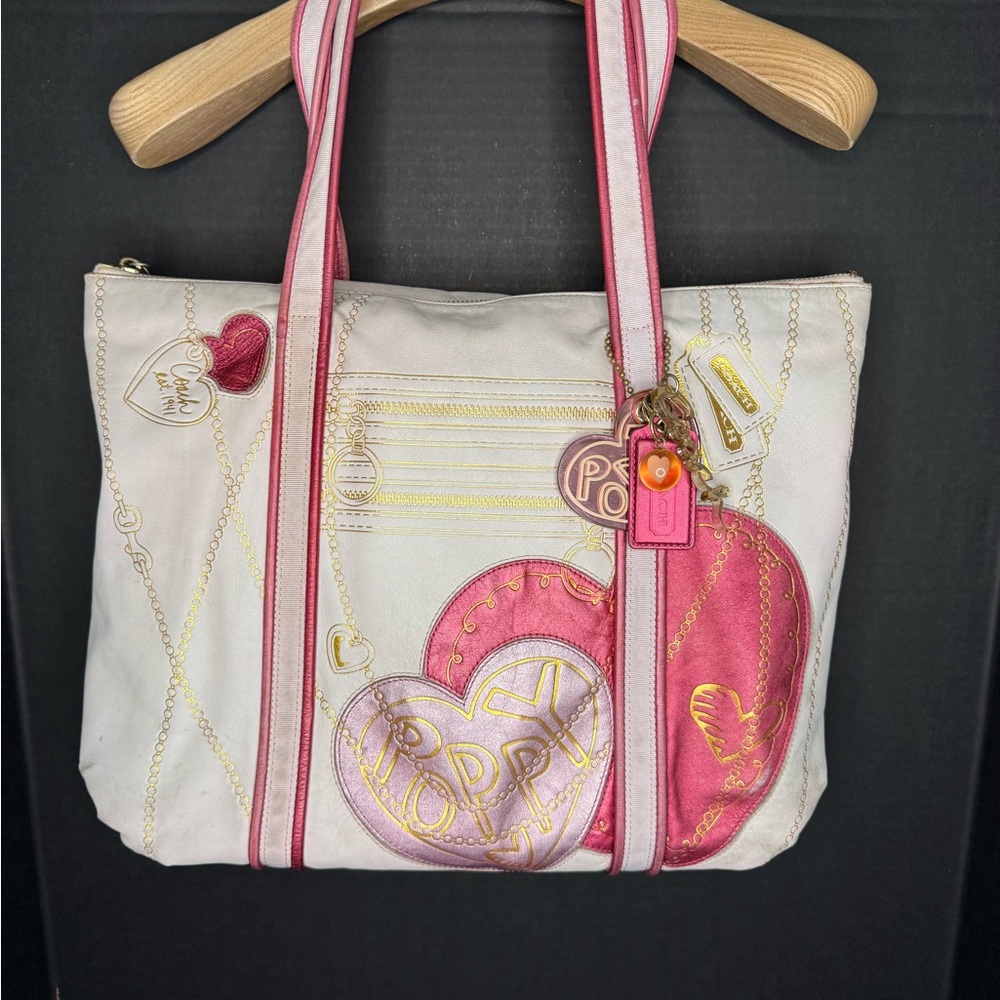 RARE Coach Poppy heart pink leather tote 14544